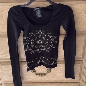 Bebe Black Long Sleeve Top with Gold Accents